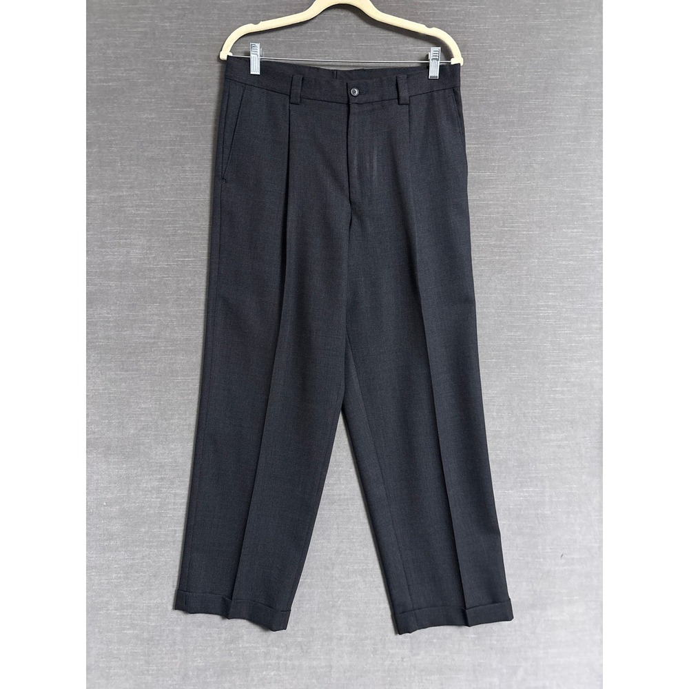 Vintage Perry Ellis Pants 32x29 Gray Wool Birdseye Pleated Dress Trousers Casual